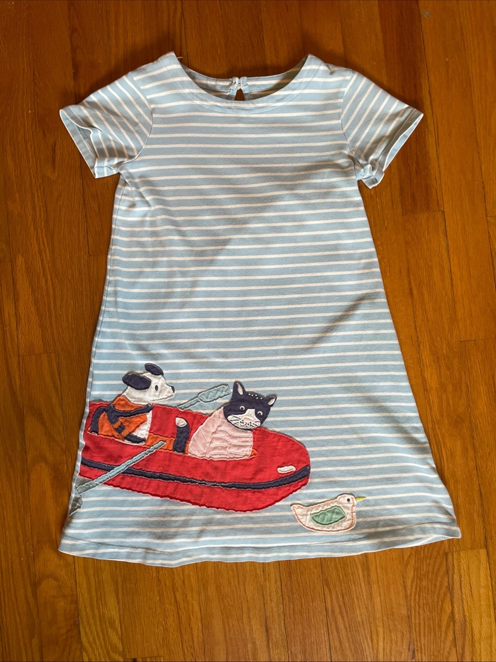 Mini Boden Blue & White Striped Dress with Red Boat Animal Applique Girl’s 11-12
